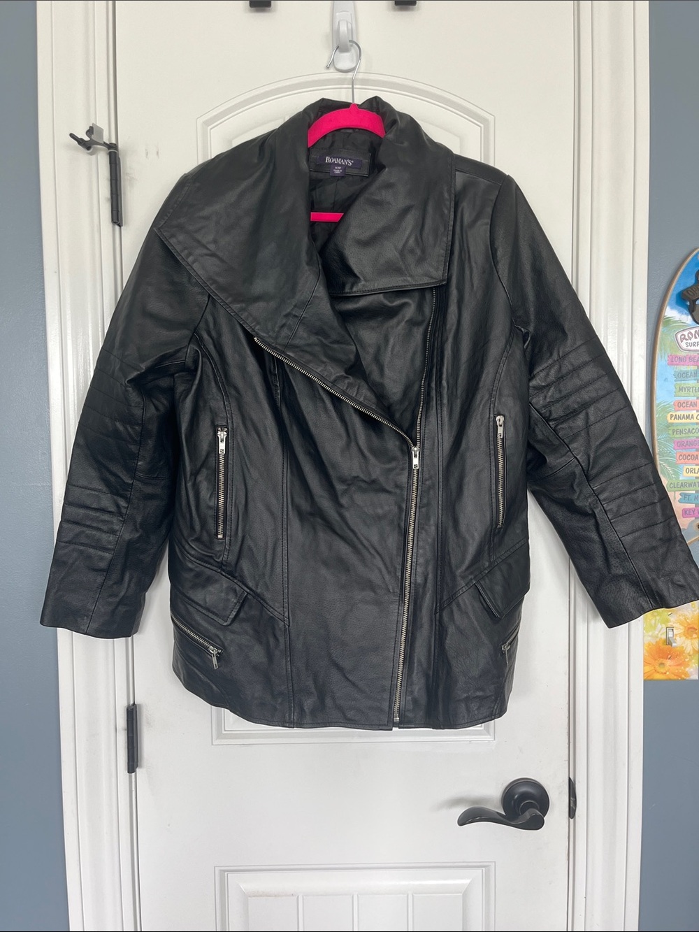 Roaman's Black Leather Asymmetric Zip Jacket